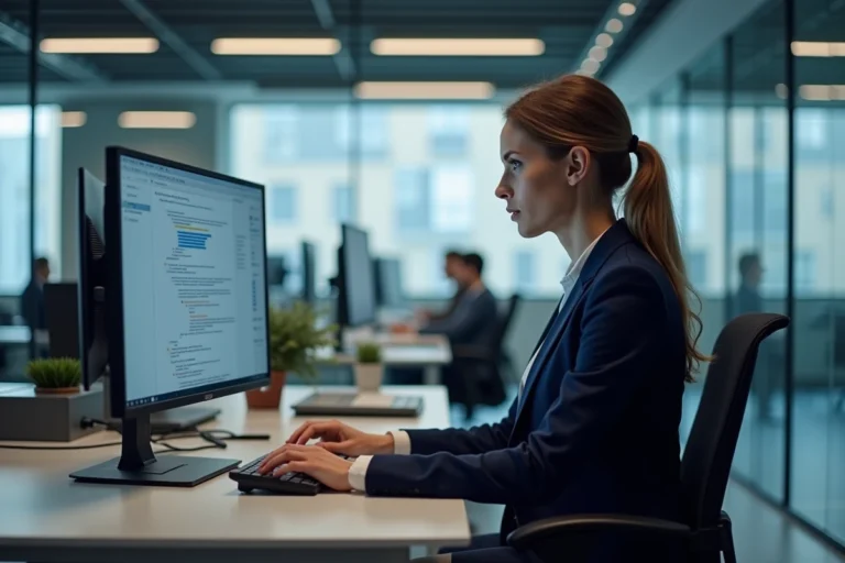 Professionnelle accédant à une application métier via une plateforme de gestion Arena Grenoble dans un bureau moderne