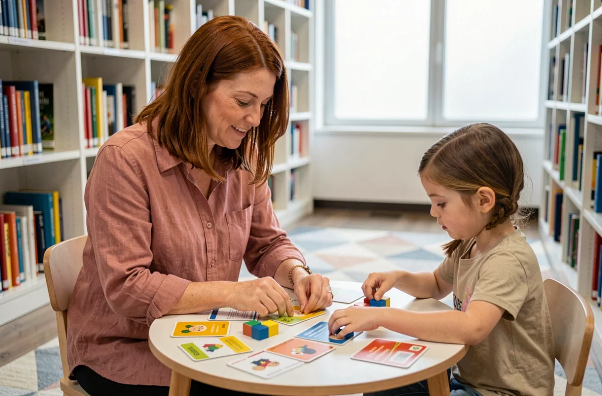 Femme adulte et jeune fille travaillant ensemble avec des ressources éducatives dans une bibliothèque moderne lumineuse