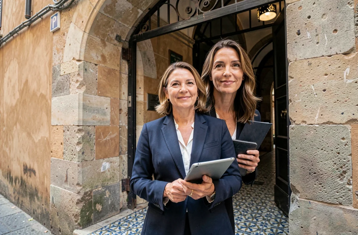 Agent immobilière devant l'entrée d'un immeuble ancien dans le centre de Lyon
