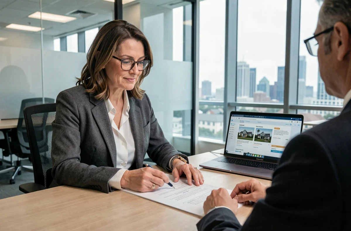 Agent immobilière conseillant un client dans une agence moderne avec vue sur la ville