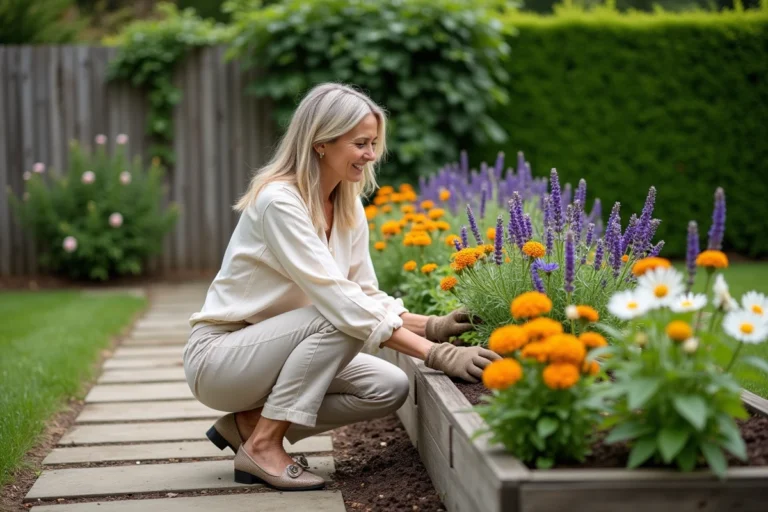 Femme aménageant un parterre de fleurs colorées dans son jardin résidentiel avant l'été