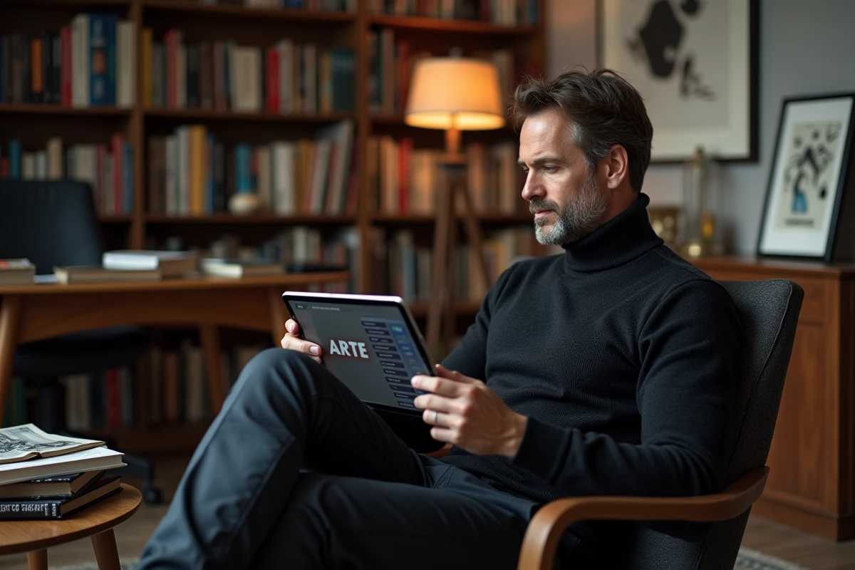 Homme cultivé parcourant le catalogue ARTE TV sur une tablette dans un bureau bibliothèque