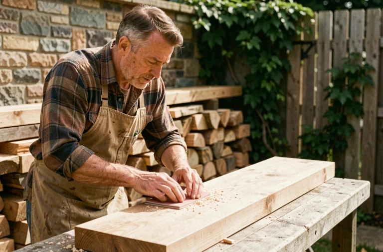 Artisan du bois ponçant une planche en chêne dans un atelier extérieur rustique
