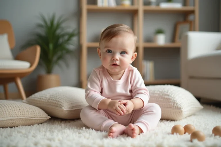 Bébé fille en body pastel assise sur un tapis douillet