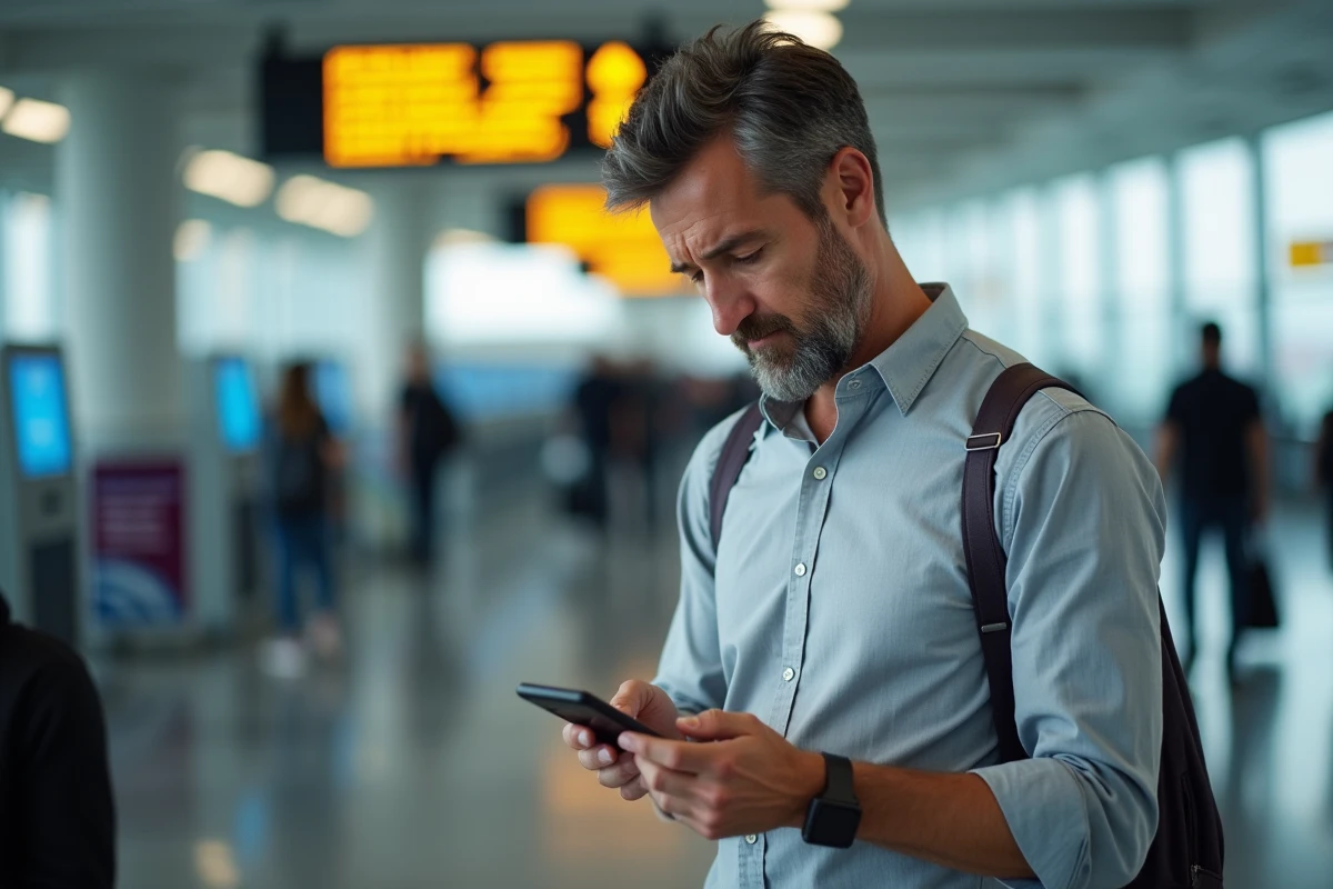 Passager confus consultant son téléphone face à un bug de l'application d'enregistrement Air France à l'aéroport