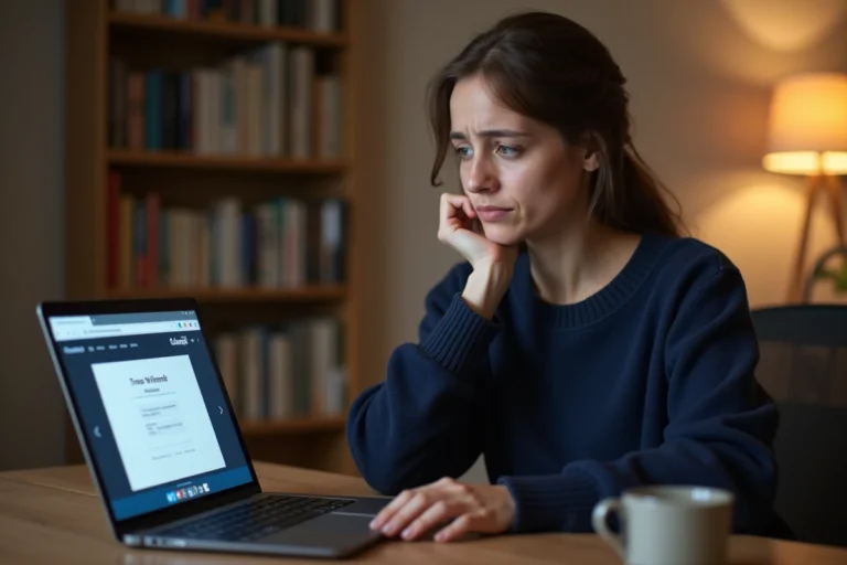 Femme frustrée face à un bug lors de l'enregistrement en ligne Air France sur son ordinateur portable
