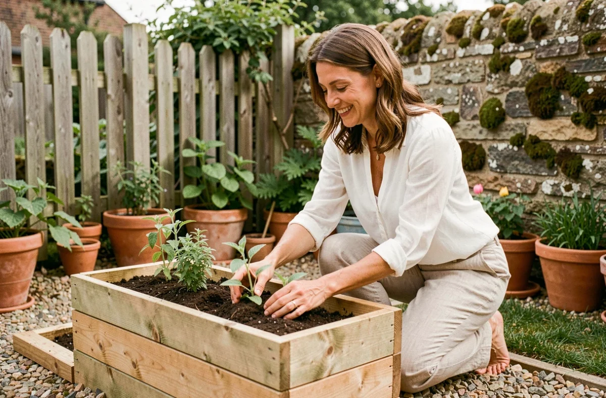 Femme aménageant un carré potager en bois artisanal dans son jardin extérieur