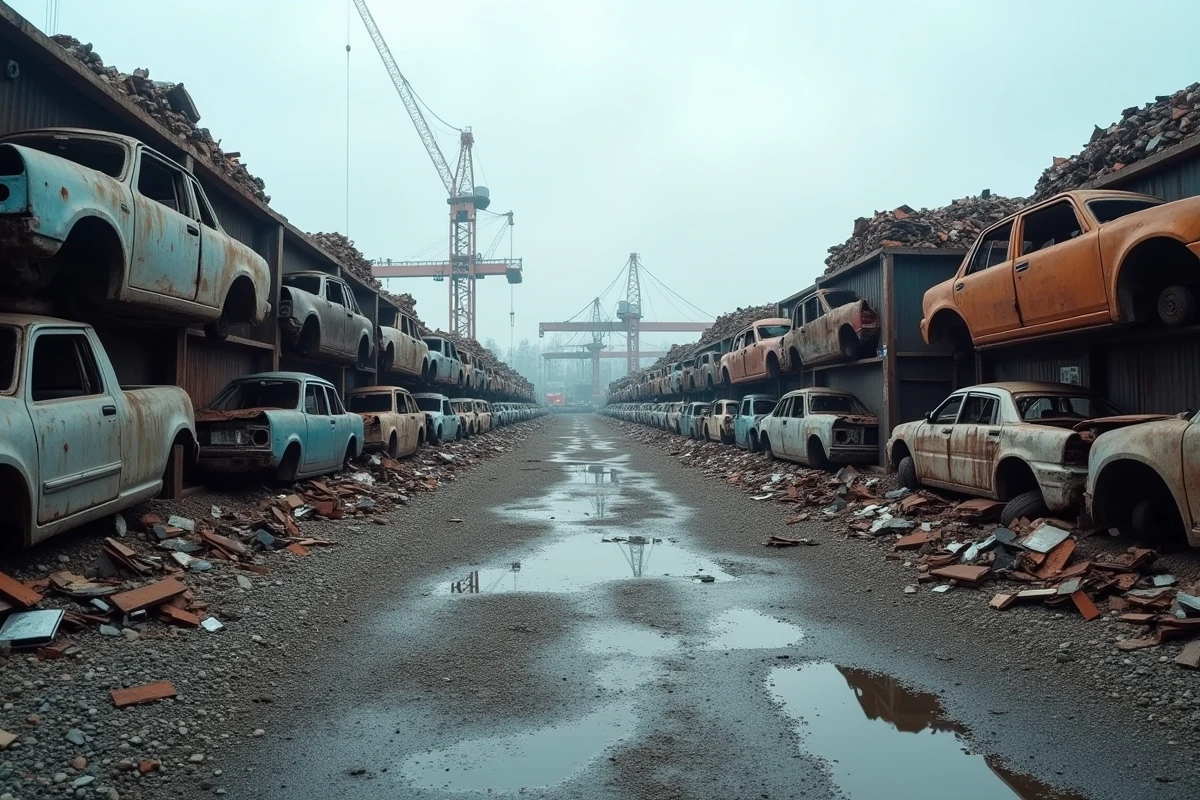 Vue panoramique d'un centre de collecte et recyclage de ferraille avec véhicules écrasés et bennes métalliques