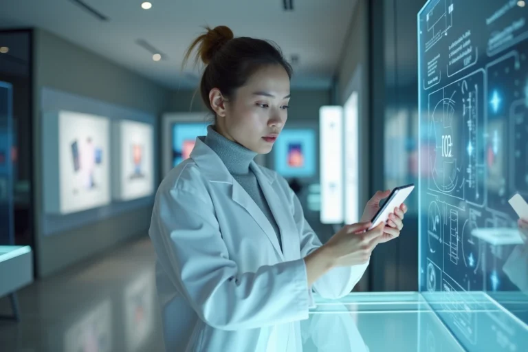 Femme chercheuse en blouse blanche examinant une tablette holographique transparente dans un showroom technologique moderne en 2024