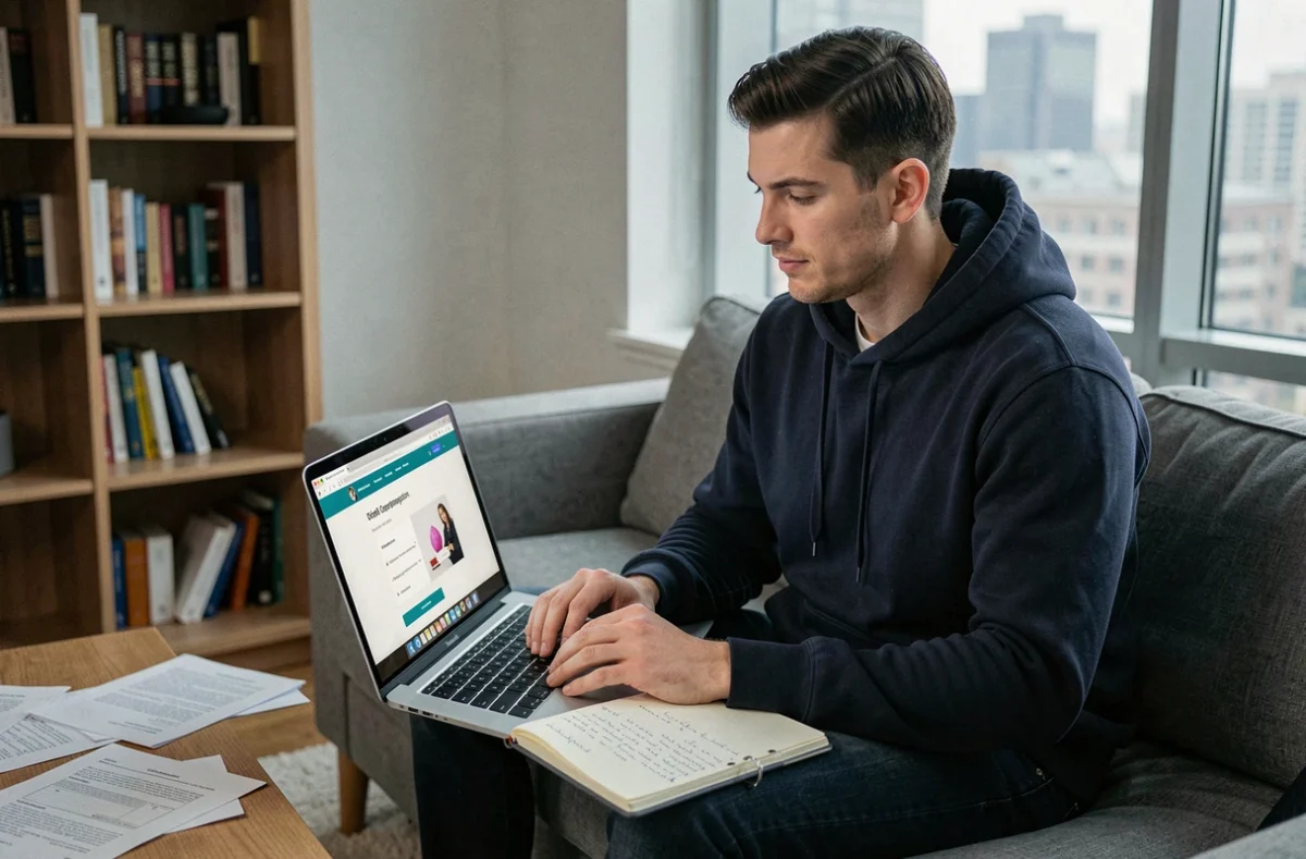 Jeune homme comparant des offres de crédit en ligne sur son ordinateur portable chez lui