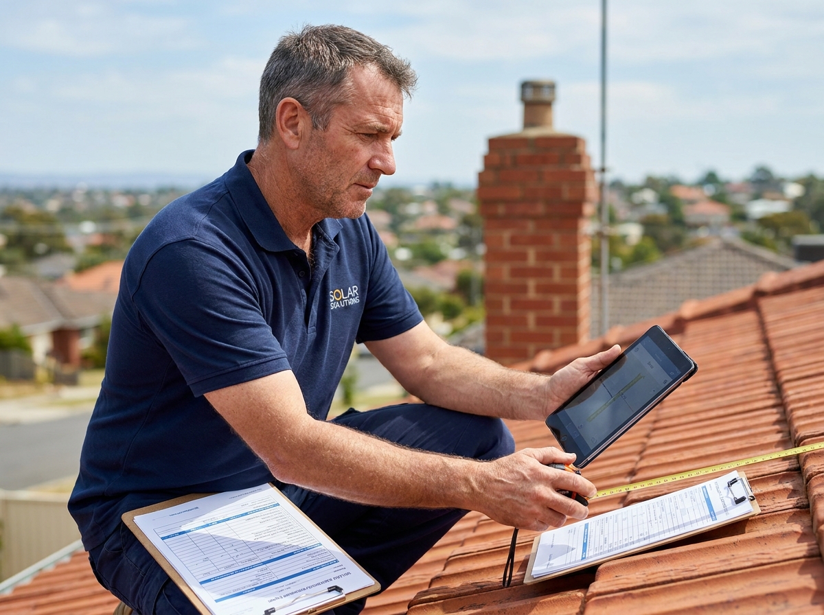 Consultant en énergie solaire mesurant la surface du toit d'une maison pour déterminer le nombre de panneaux à installer
