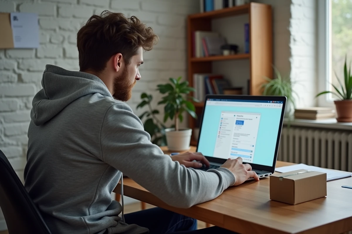 Homme contactant Mondial Relay en ligne depuis son bureau à domicile pour suivre un colis problématique