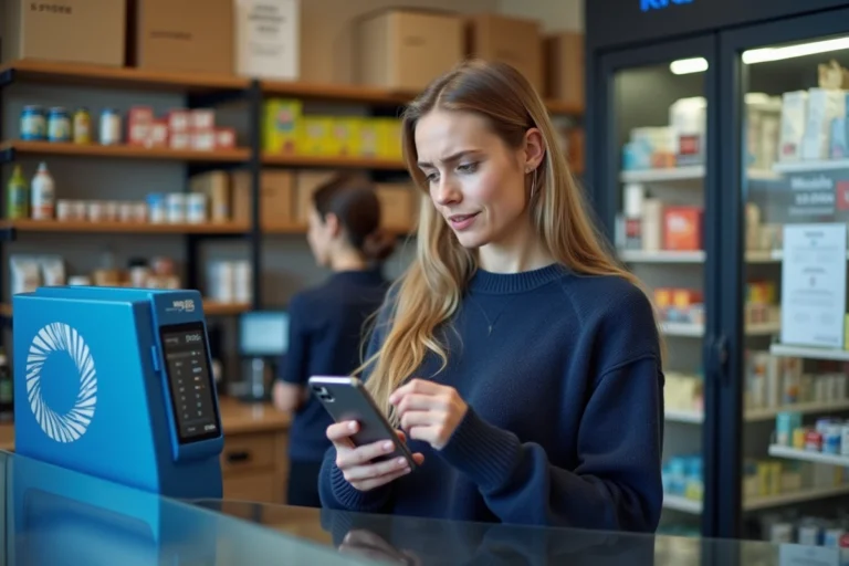 Femme contactant le service client Mondial Relay dans un point relais pour résoudre un problème de colis