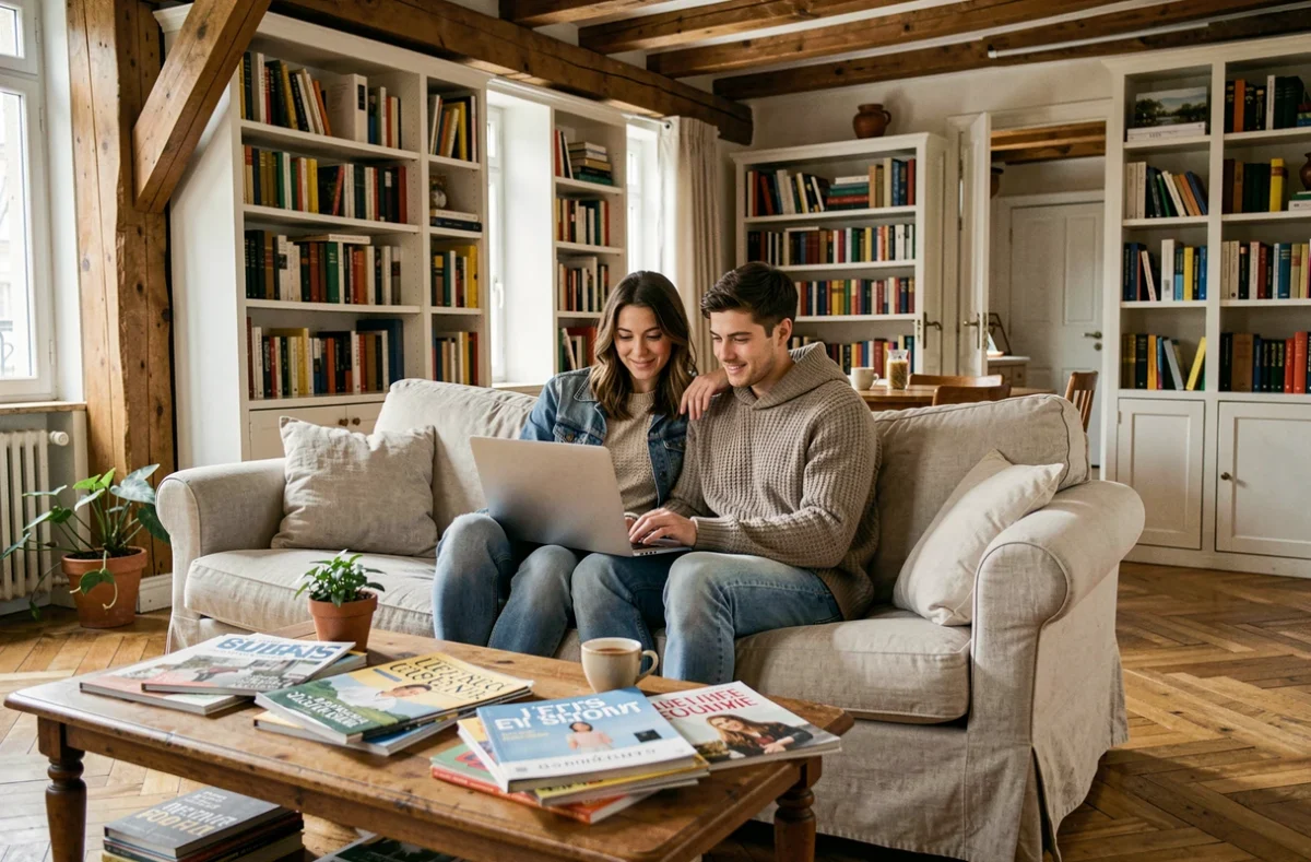 Jeune couple dans un appartement parisien consultant des tendances en ligne, scène de vie intérieure quotidienne en France