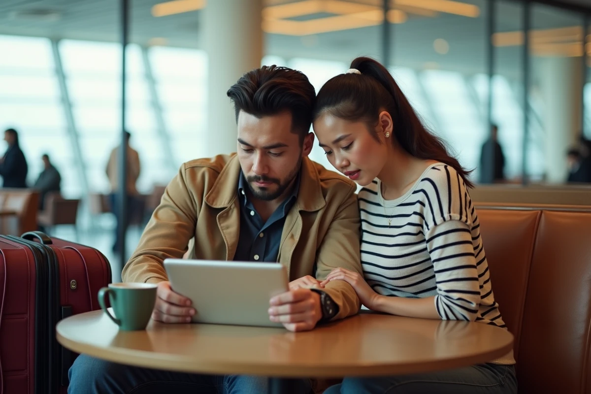 Couple de voyageurs bloqués par un bug lors de l'enregistrement en ligne Air France sur une tablette dans un café d'aéroport