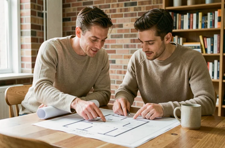 Couple de propriétaires étudiant des plans immobiliers sur une table en bois dans un appartement moderne
