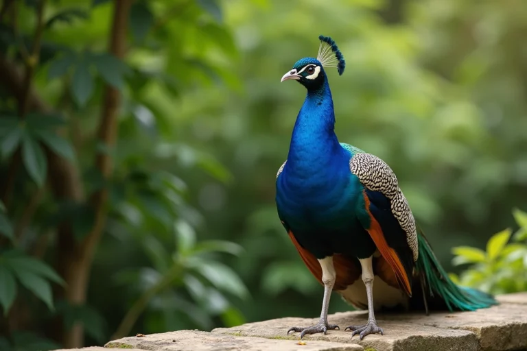 Paon mâle en train de crier sur un mur de pierre dans un jardin luxuriant, gorge ouverte et plumage déployé