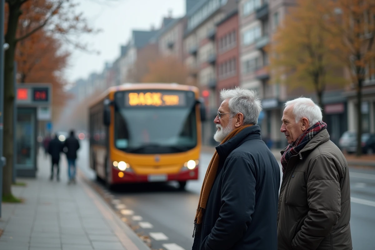 Deux hommes seniors attendant à un arrêt de bus en ville