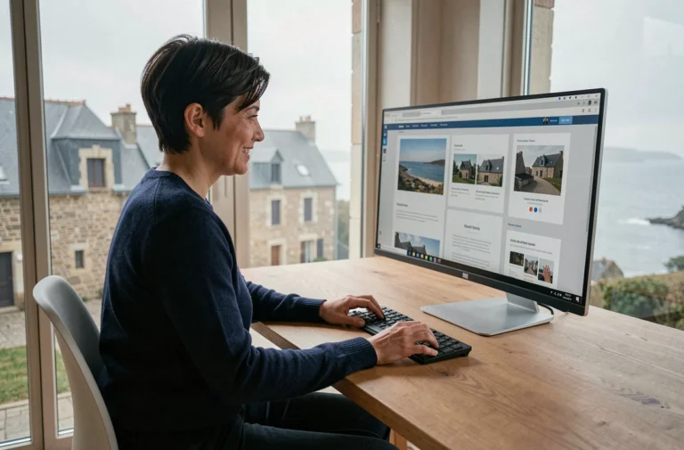 Développeuse web bretonne travaillant sur des maquettes numériques dans un bureau avec vue sur la côte bretonne