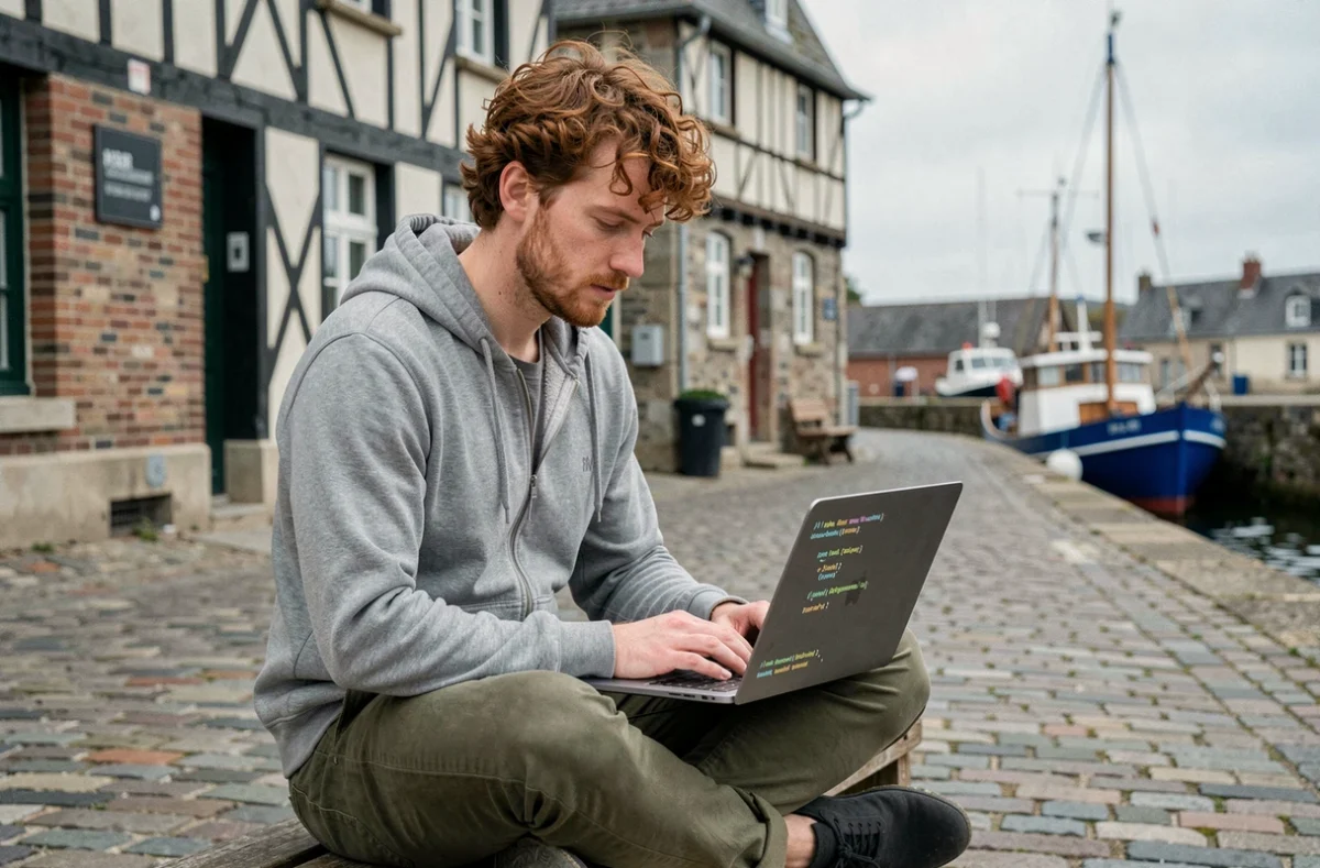 Développeur freelance breton codant en extérieur près d'un port avec facades traditionnelles en arrière-plan