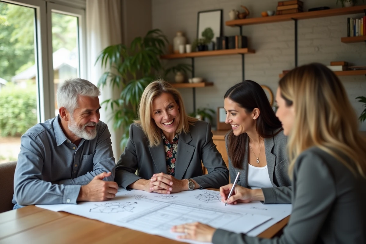 Couple discutant de plans immobiliers avec une conseillère