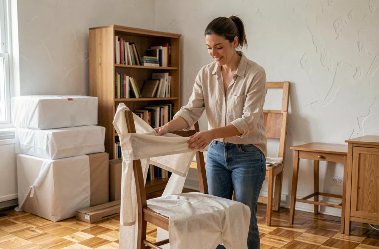 Femme préparant des meubles en bois pour les donner, entourée de chaises et étagères prêtes à être récupérées dans un salon lumineux