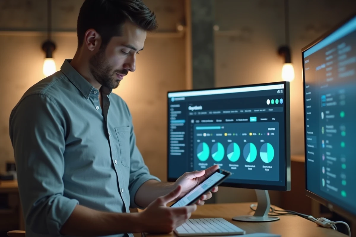 Employé consultant un tableau de bord PIA Convergence sur tablette dans un espace de travail collaboratif