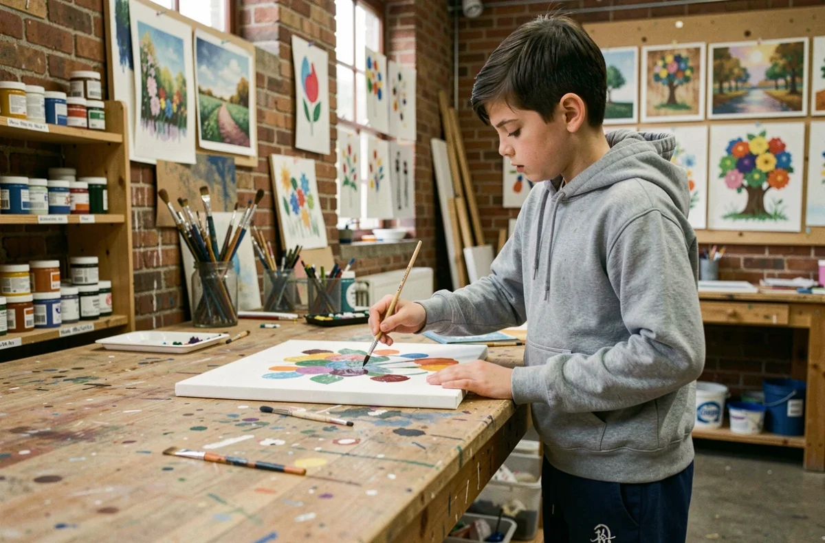 Garçon concentré peignant sur une toile dans un atelier artistique communautaire avec des murs en briques