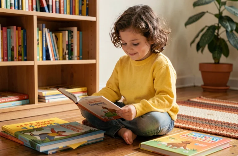 Jeune fille lisant des livres illustrés sur un plancher en bois dans un coin lecture cosy à la maison