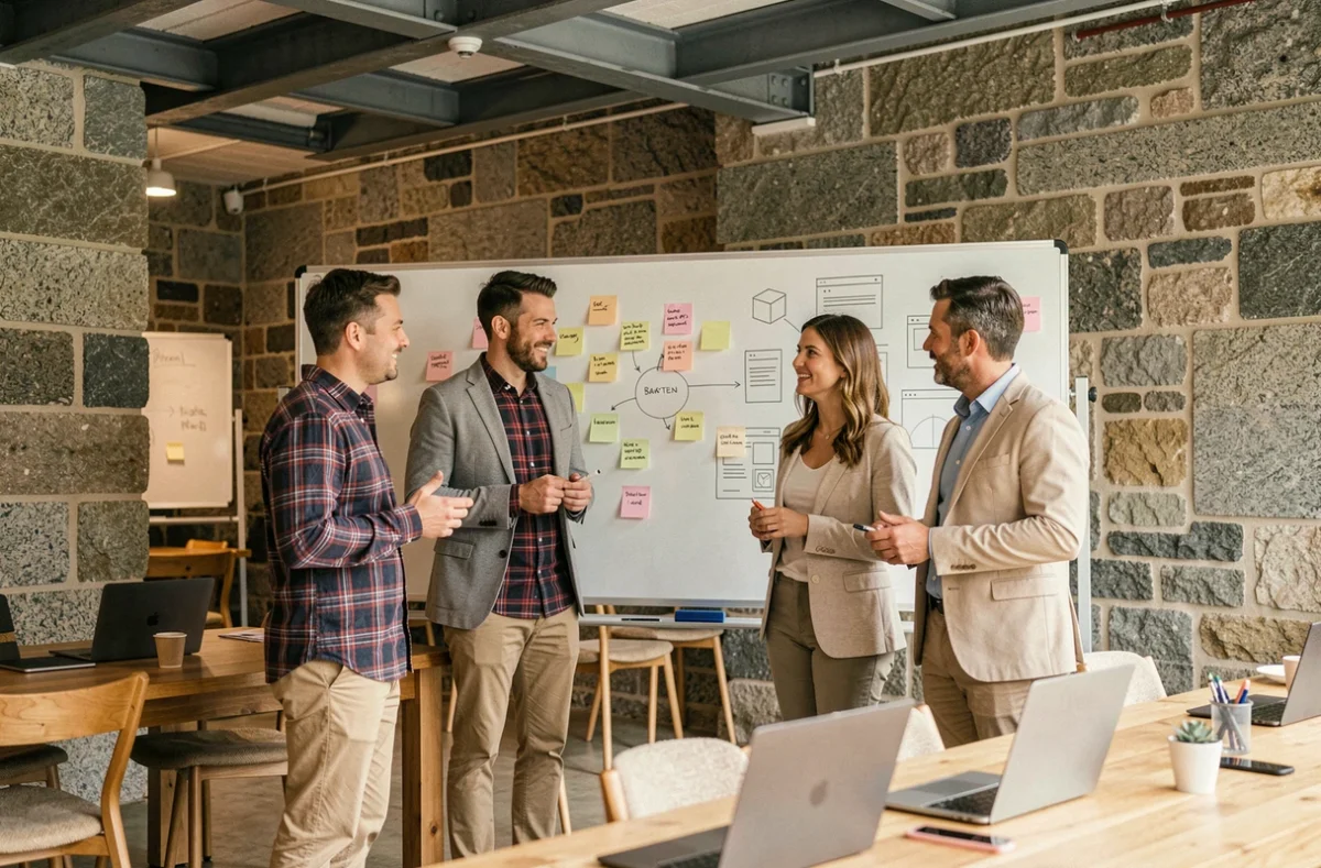 Équipe d'innovateurs numériques collaborant dans un espace de coworking breton réhabilité en pierre