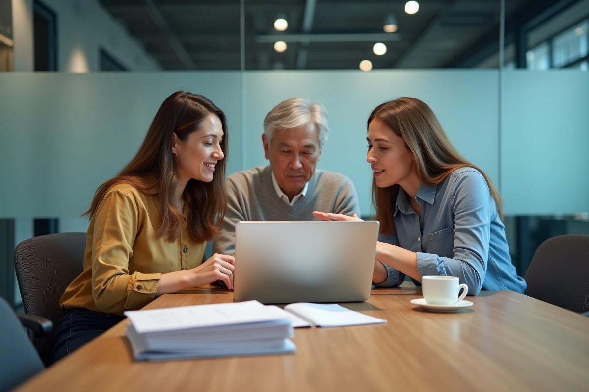 Équipe professionnelle consultant ensemble le portail d'applications métiers Arena Grenoble lors d'une réunion de travail