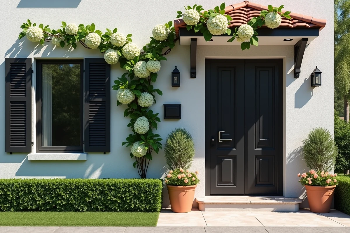 Façade de maison moderne rénovée avec plantes décoratives et pots de géraniums devant l'entrée