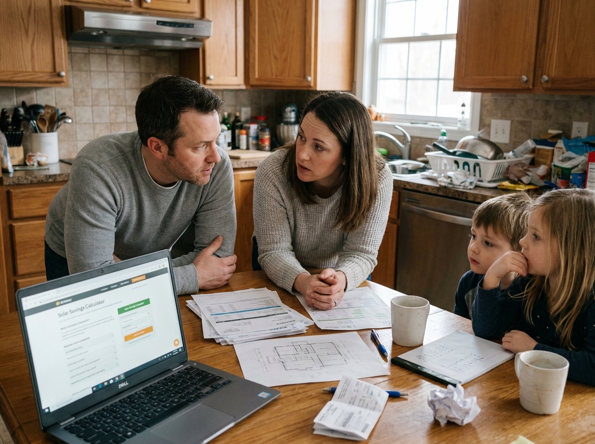 Famille réunie autour de la table pour calculer le nombre de panneaux solaires nécessaires pour leur maison