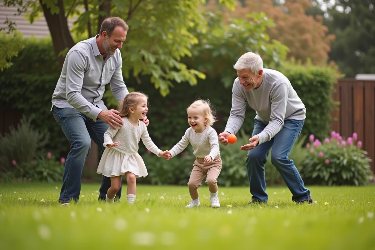 Famille jouant ensemble dans le jardin en plein air