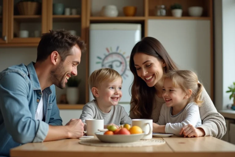 Famille souriante partageant un petit déjeuner convivial