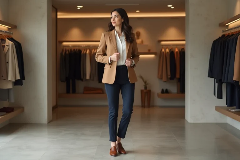 Femme élégante de 35 ans portant un blazer camel et un pantalon marine dans une boutique parisienne minimaliste
