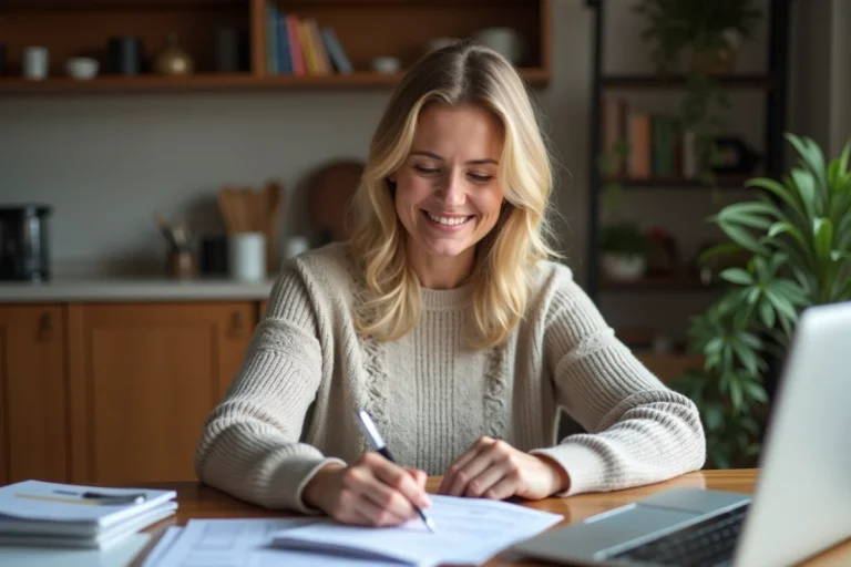 Femme souriante vérifiant son budget à la maison