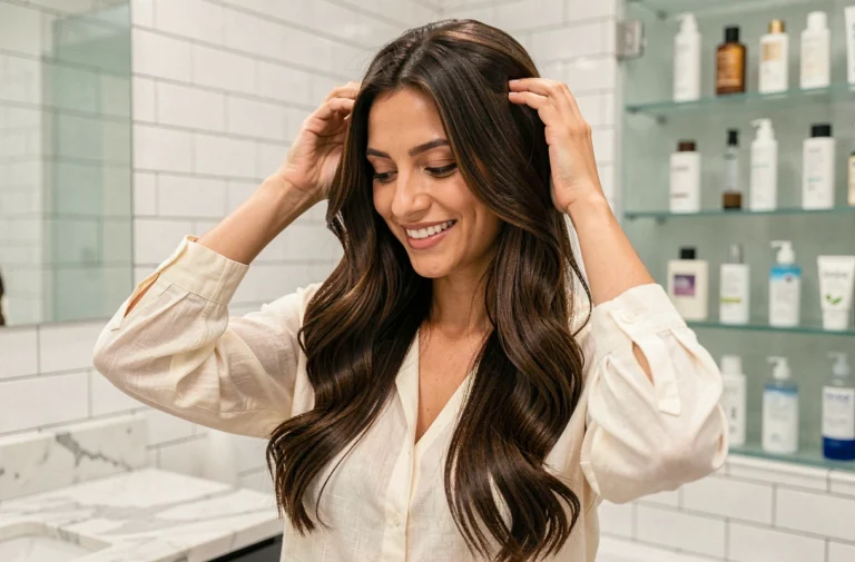 Femme aux cheveux longs et brillants prenant soin de sa chevelure dans une salle de bain moderne avec des produits capillaires Vermogal