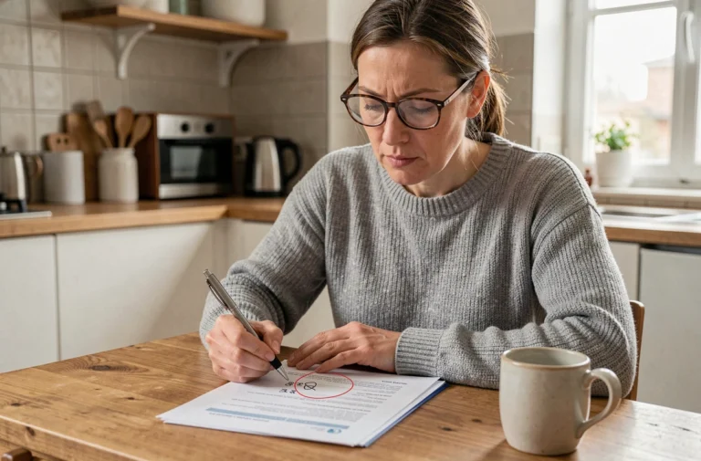 Femme comparant des offres de crédit sur des documents imprimés à la table de sa cuisine
