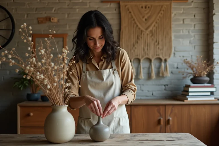 Femme arrangeant des fleurs séchées dans un salon décoré avec des éléments naturels et vintage pour créer un intérieur unique