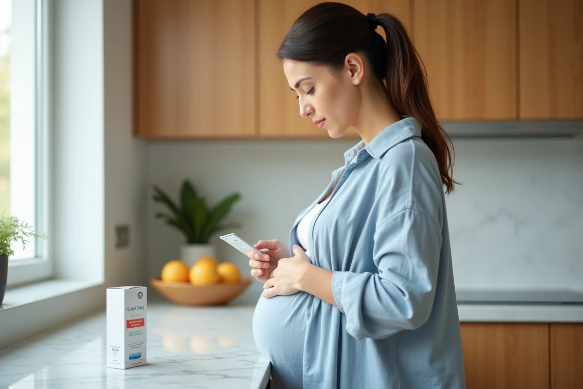Femme enceinte lisant la notice d'un traitement antiémétique dans une cuisine moderne
