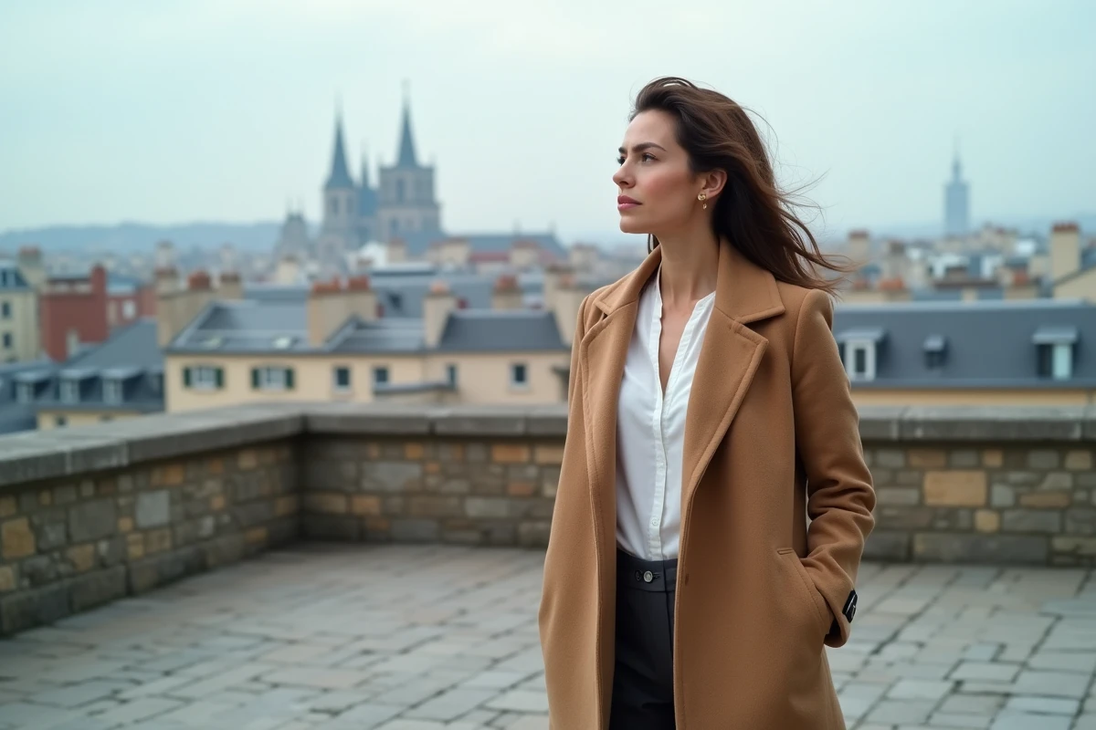 Femme inspirante en manteau camel sur une terrasse avec vue sur une ville européenne, illustrant le portrait de Clara Pésery femme d'exception