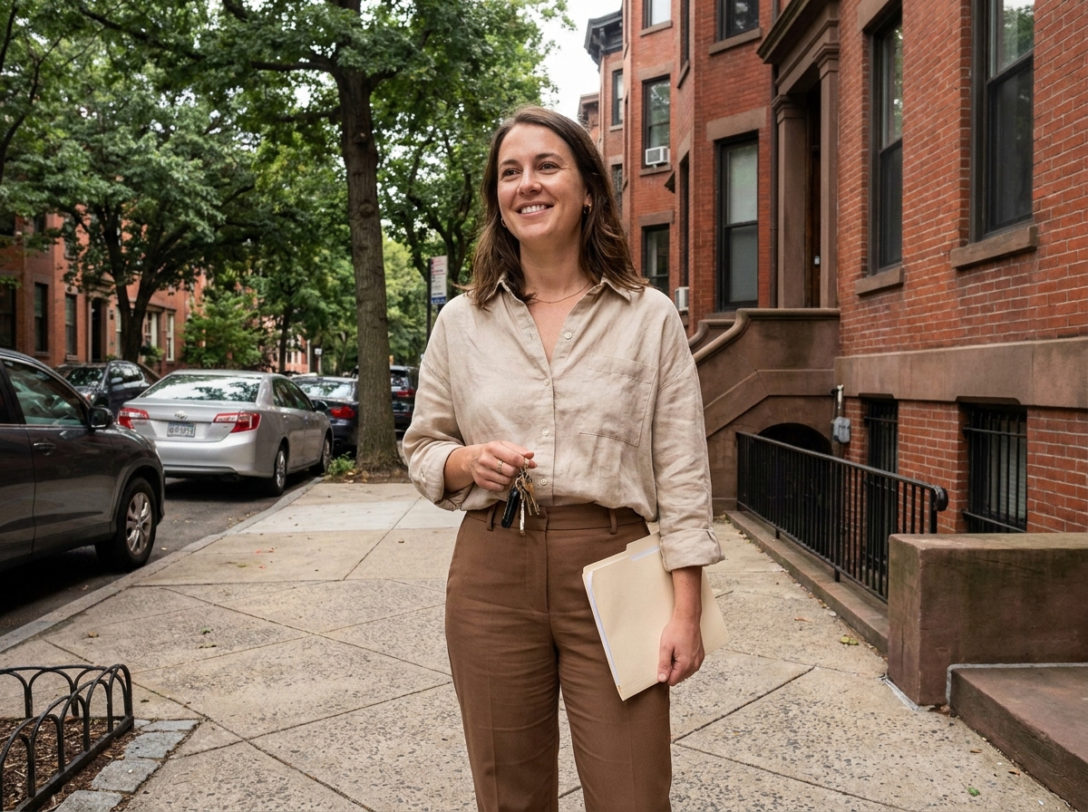 Femme souriante tenant des clés devant une maison en briques