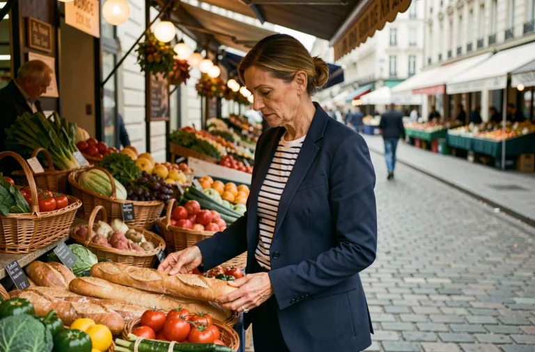 Femme française au marché parisien choisissant des légumes frais et des baguettes, scène de vie quotidienne en France