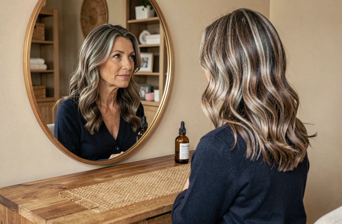 Femme mature aux cheveux ondulés et brillants devant un miroir de coiffeuse avec un produit capillaire Vermogal posé sur la table