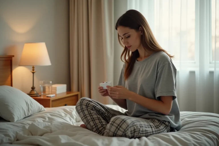 Femme en pyjama tenant une boîte de médicament Cariban contre les nausées de grossesse assise sur son lit