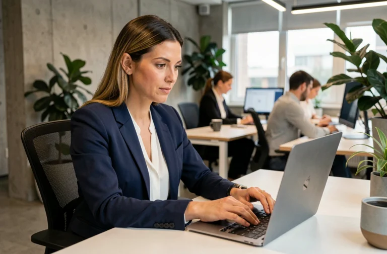 Femme professionnelle consultant une plateforme d'emploi en ligne depuis son bureau dans un open space moderne