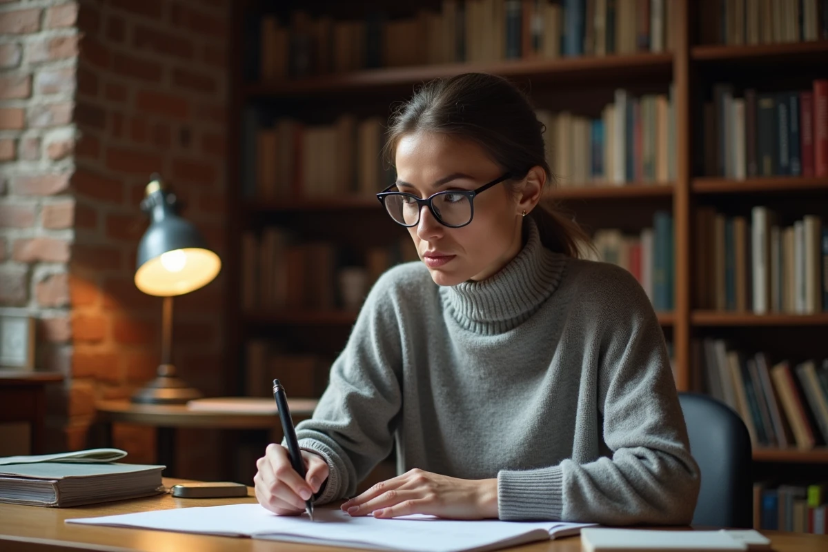 Femme concentrée à son bureau avec des documents, évoquant le travail et la rigueur intellectuelle d'une femme d'exception