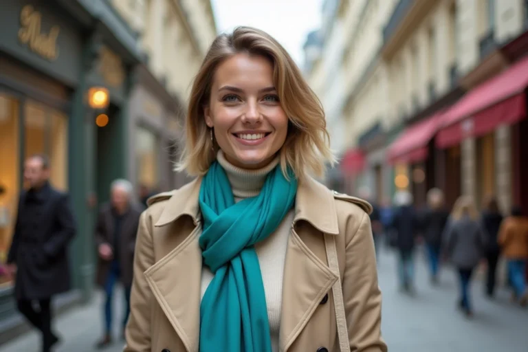 Femme élégante ajustant une écharpe turquoise à Paris