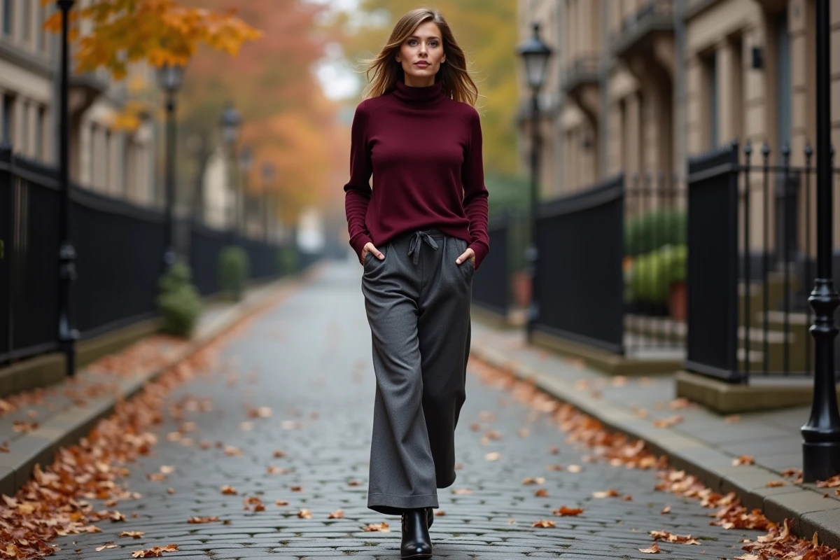 Femme stylée d'une trentaine d'années marchant sur des pavés en pull cachemire bordeaux et pantalon large gris en automne